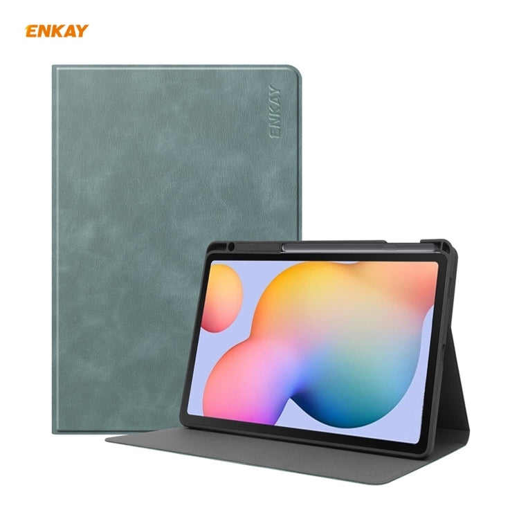 ENKAY ENK-8025 Cow Texture PU Leather + TPU Smart Case with Pen Slot for Samsung Galaxy Tab S6 Lite P610 / P615 / Tab S6 Lite 2022 / P613 / P619(Green) by ENKAY