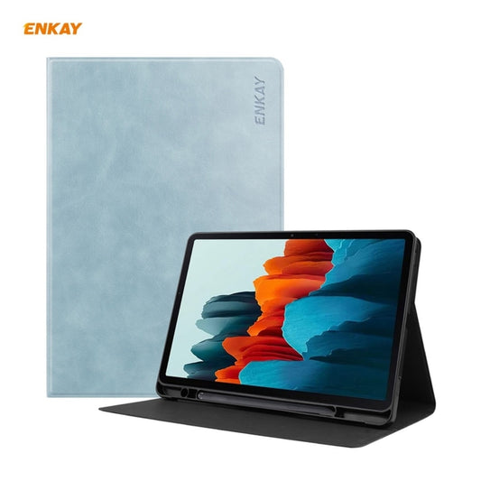 ENKAY ENK-8026 Cow Texture PU Leather + TPU Smart Case with Pen Slot for Samsung Galaxy Tab S8 / Galaxy Tab S7 11.0 T870 / T875(Sky Blue) by ENKAY