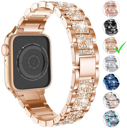 Three Stainless Steel Straps with Rhinestones For Series 7 41mm / 6 & SE & 5 & 4 40mm / 3 & 2 & 1 38mm(Rose Gold) by bashfashion