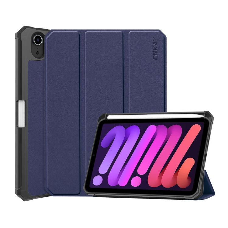 For iPad mini 2024 / mini 6 ENKAY Custer Texture Horizontal Flip PU+TPU Leather Tablet Case with Three-folding Holder & Sleep / Wake-up Function & Pen Holder(Dark Blue) by ENKAY