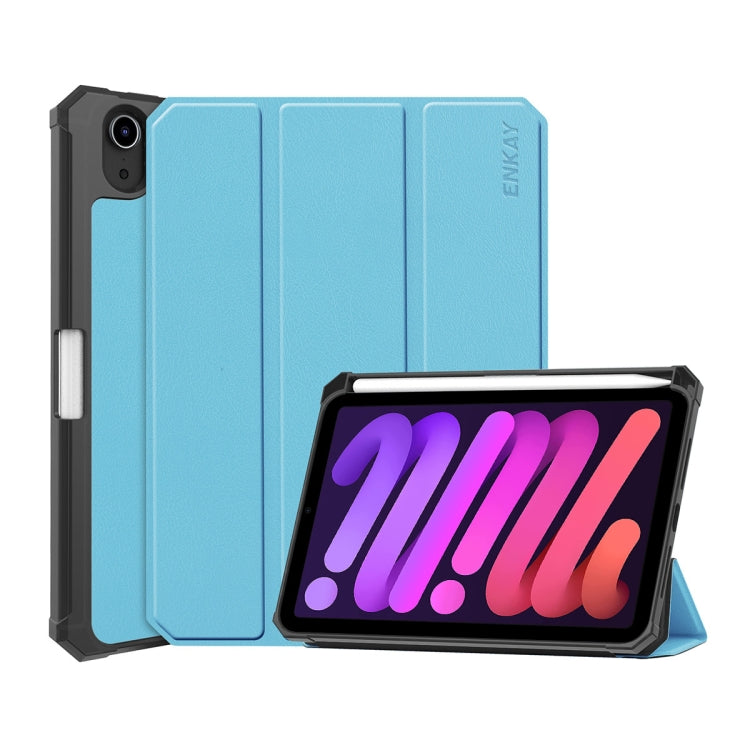 For iPad mini 2024 / mini 6 ENKAY Custer Texture Horizontal Flip PU+TPU Leather Tablet Case with Three-folding Holder & Sleep / Wake-up Function & Pen Holder(Light Blue) by ENKAY