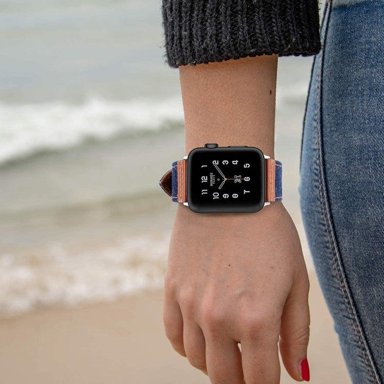 Denim Fit Leather Watch Band For Apple Watch Series 9&8&7 41mm / SE 3&SE 2&6&SE&5&4 40mm / 3&2&1 38mm(Black + Light Blue) by bashfashion