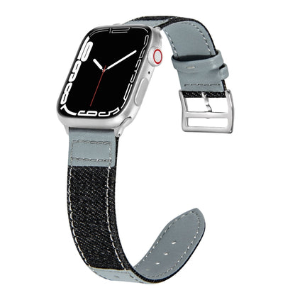 Denim Fit Leather Watch Band For Apple Watch Ultra 49mm&Watch Ultra 2 49mm / Series 9&8&7 45mm / SE 3&SE 2&6&SE&5&4 44mm / 3&2&1 42mm(Black + Light Blue) by bashfashion