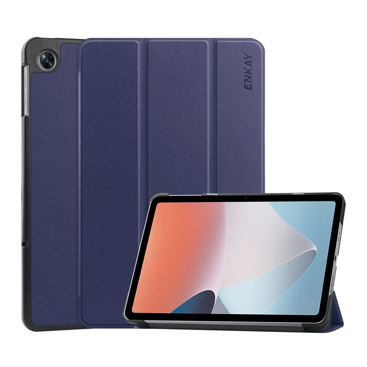 For OPPO Pad Air ENKAY Tri-fold Custer Texture Leather Smart Tablet Case(Dark Blue) by ENKAY
