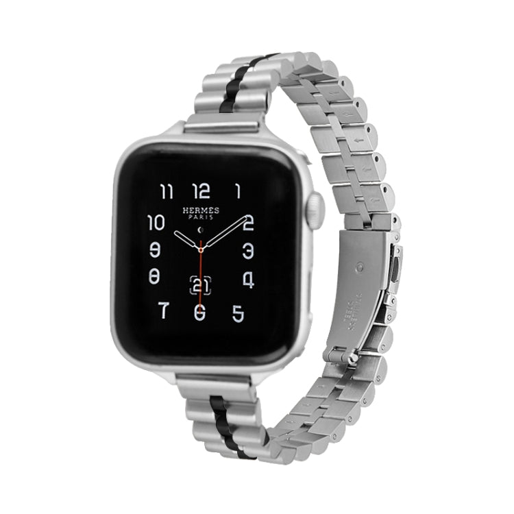 Half-Round Three-Bead Metal Watch Band For Apple Watch Ultra 49mm&Watch Ultra 2 49mm / Series 9&8&7 45mm / SE 3&SE 2&6&SE&5&4 44mm / 3&2&1 42mm(Silver+Black) by bashfashion