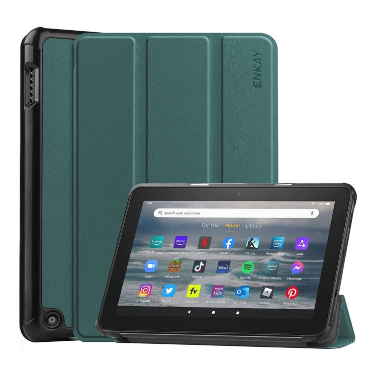 For Amazon Fire 7 12th 2022 ENKAY Smart Leather Tablet Case(Dark Green) by ENKAY