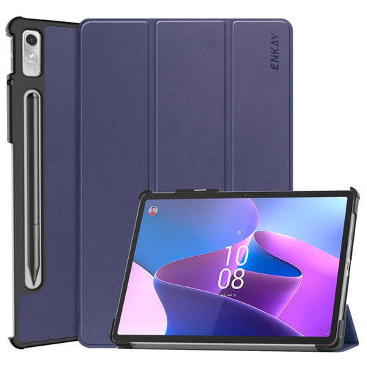 For Lenovo Tab P11 Pro Gen2 11.2 inch 2022 ENKAY Tri-fold Custer Texture Leather Stand Smart Case(Dark Blue) by ENKAY