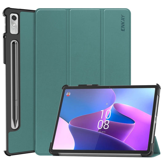 For Lenovo Tab P11 Pro Gen2 11.2 inch 2022 ENKAY Tri-fold Custer Texture Leather Stand Smart Case(Dark Green) by ENKAY
