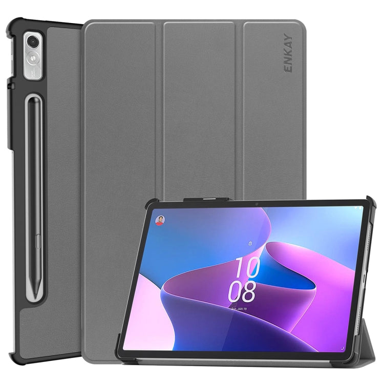 For Lenovo Tab P11 Pro Gen2 11.2 inch 2022 ENKAY Tri-fold Custer Texture Leather Stand Smart Case(Grey) by ENKAY