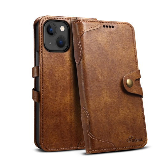 Suteni Calf Texture Buckle Wallet Leather Phone Case For iPhone 14(Brown) by Suteni