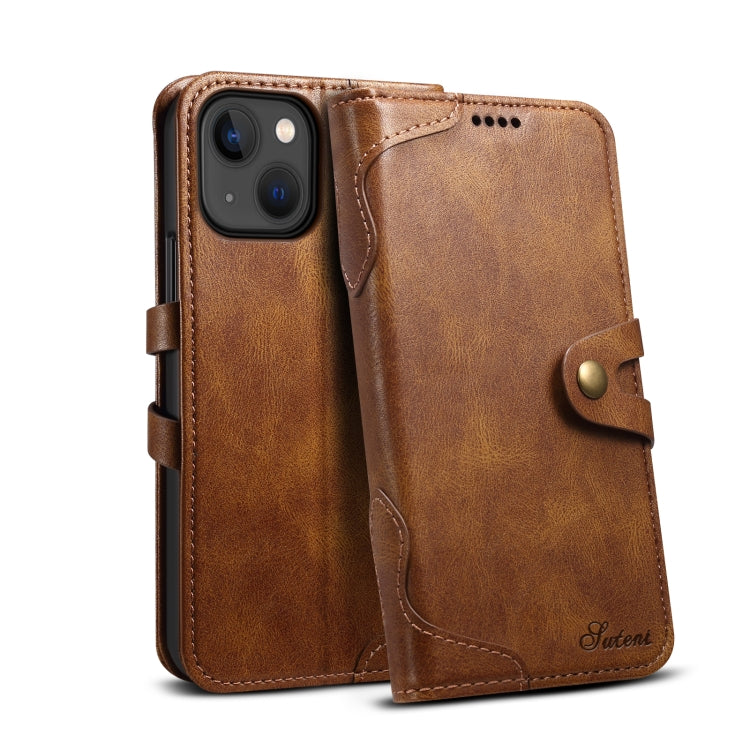 Suteni Calf Texture Buckle Wallet Leather Phone Case For iPhone 14 Plus(Brown) by Suteni
