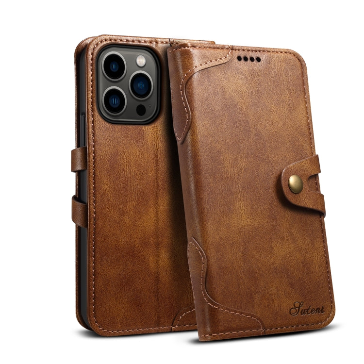 Suteni Calf Texture Buckle Wallet Leather Phone Case For iPhone 14 Pro Max(Brown) by Suteni