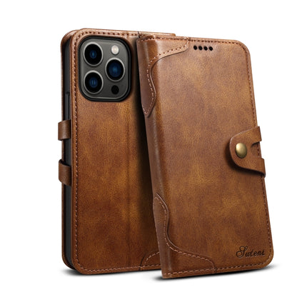 Suteni Calf Texture Buckle Wallet Leather Phone Case For iPhone 14 Pro Max(Brown) by Suteni