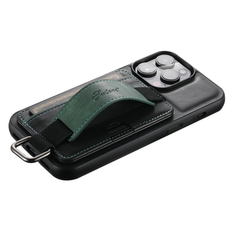 For iPhone 14 Plus Suteni H13 Card Wallet Wrist Strap Holder PU Phone Case(Black) by Suteni