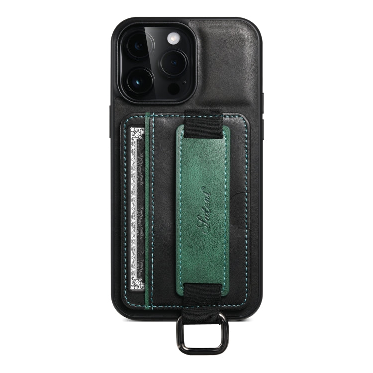 For iPhone 14 Pro Max Suteni H13 Card Wallet Wrist Strap Holder PU Phone Case(Black) by Suteni