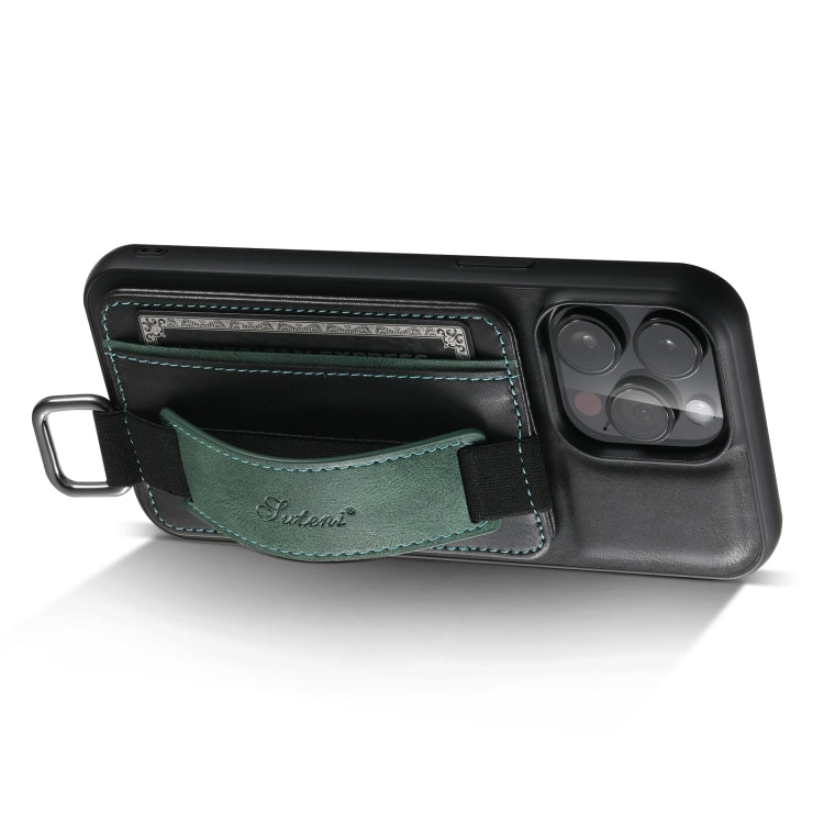 For iPhone 14 Pro Max Suteni H13 Card Wallet Wrist Strap Holder PU Phone Case(Black) by Suteni