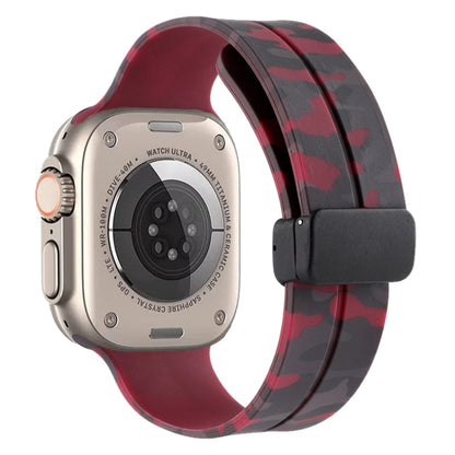Magnetic Clasp Camouflage Silicone Watch Band For Apple Watch Ultra 49mm(Camouflage Burgundy) by bashfashion