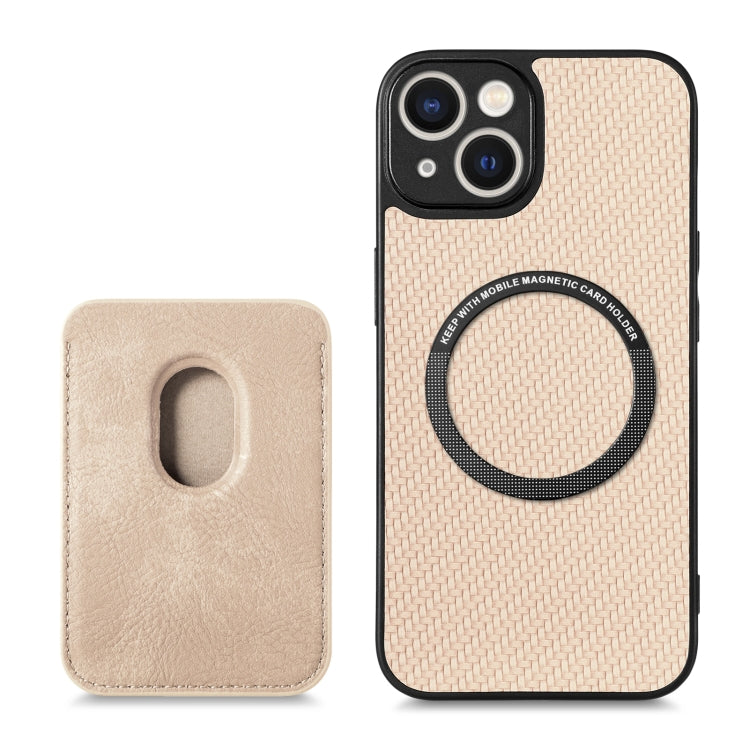 For iPhone 13 Carbon Fiber Leather Card Magsafe Magnetic Phone Case(Khaki) by bashfashion