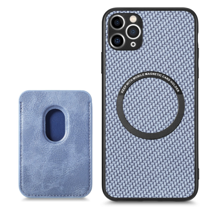 For iPhone 11 Carbon Fiber Leather Card Magsafe Magnetic Phone Case(Blue) by bashfashion