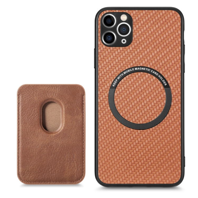 For iPhone 11 Carbon Fiber Leather Card Magsafe Magnetic Phone Case(Brown) by bashfashion