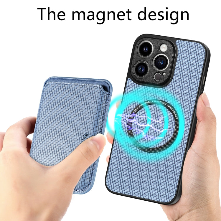 For iPhone 13 Pro Carbon Fiber Leather Card Magsafe Magnetic Phone Case(Blue) by bashfashion