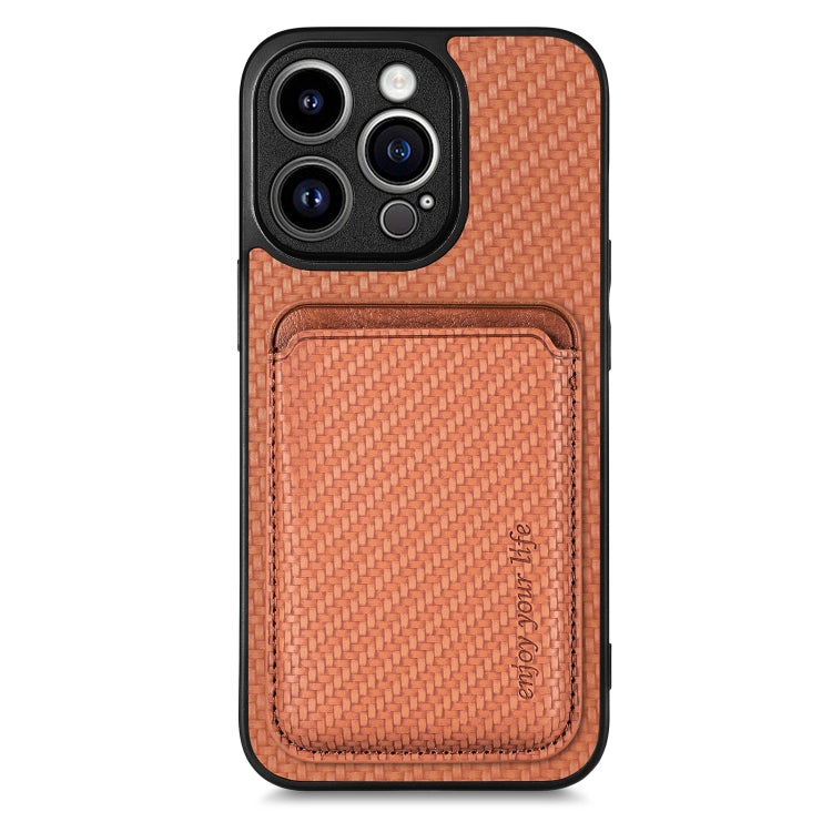 For iPhone 13 Pro Carbon Fiber Leather Card Magsafe Magnetic Phone Case(Brown) by bashfashion