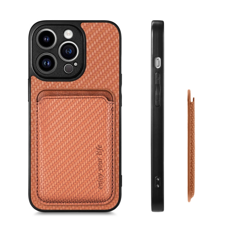 For iPhone 13 Pro Carbon Fiber Leather Card Magsafe Magnetic Phone Case(Brown) by bashfashion