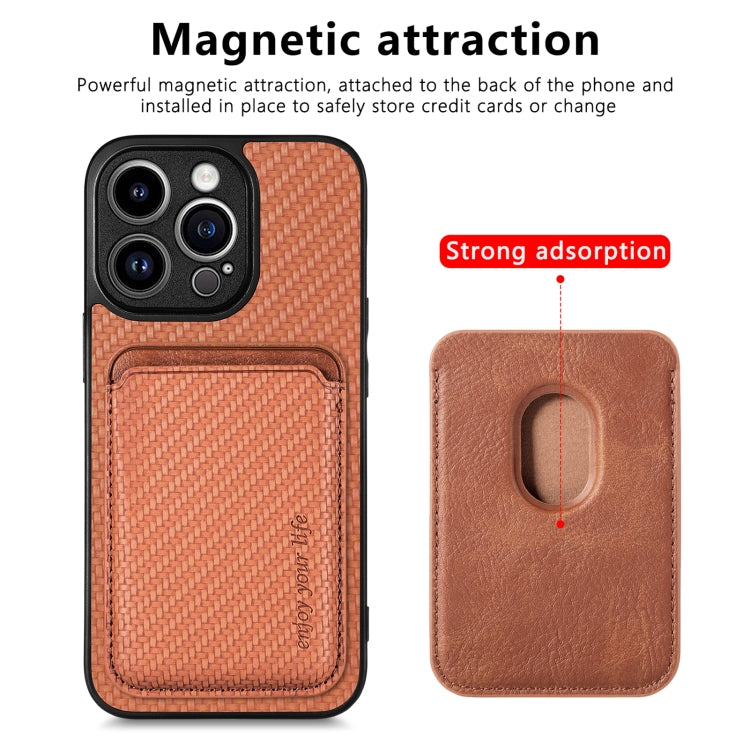 For iPhone 13 Pro Carbon Fiber Leather Card Magsafe Magnetic Phone Case(Brown) by bashfashion