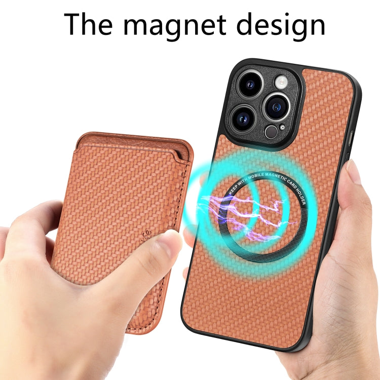 For iPhone 13 Pro Carbon Fiber Leather Card Magsafe Magnetic Phone Case(Brown) by bashfashion