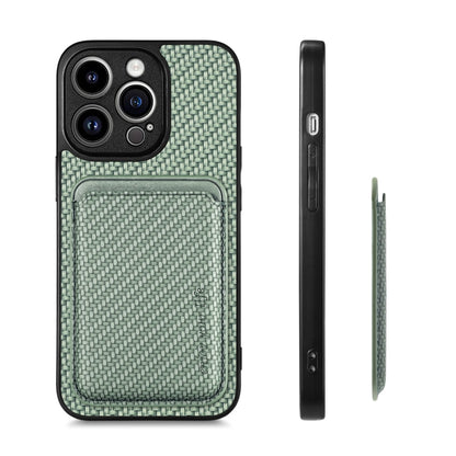 For iPhone 13 Pro Carbon Fiber Leather Card Magsafe Magnetic Phone Case(Green) by bashfashion