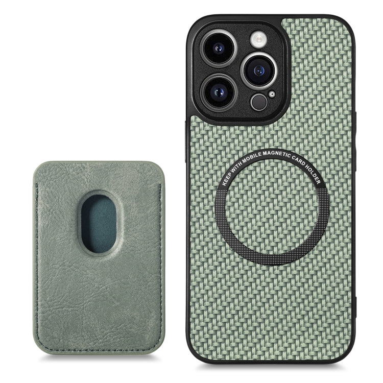 For iPhone 13 Pro Carbon Fiber Leather Card Magsafe Magnetic Phone Case(Green) by bashfashion