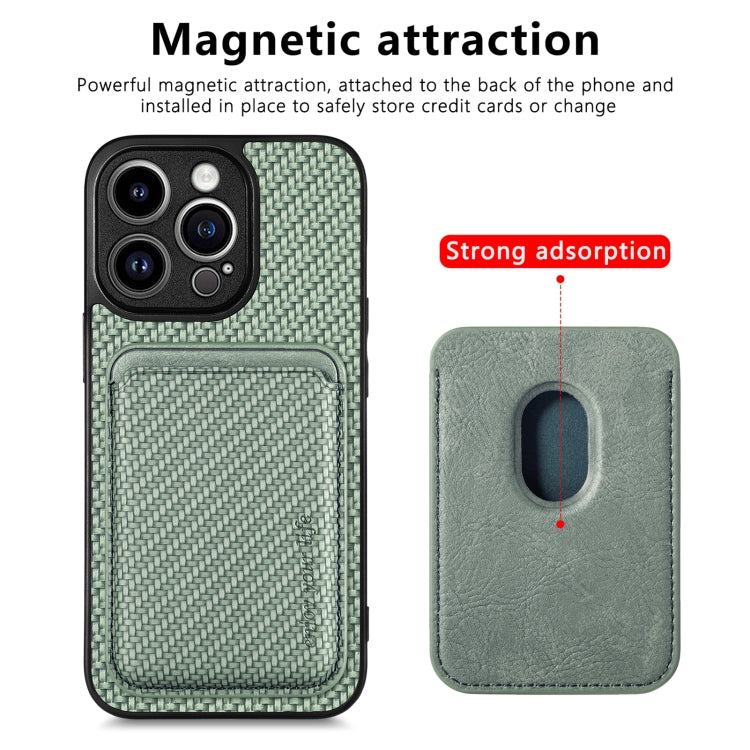 For iPhone 13 Pro Carbon Fiber Leather Card Magsafe Magnetic Phone Case(Green) by bashfashion