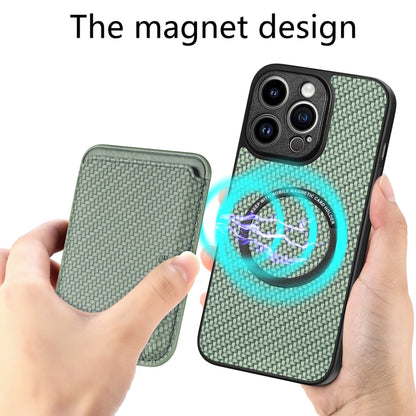 For iPhone 13 Pro Carbon Fiber Leather Card Magsafe Magnetic Phone Case(Green) by bashfashion
