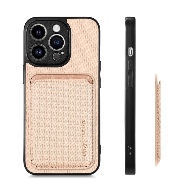 For iPhone 13 Pro Carbon Fiber Leather Card Magsafe Magnetic Phone Case(Khaki) by bashfashion