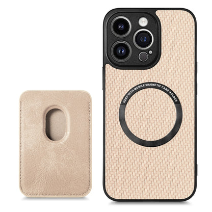 For iPhone 13 Pro Carbon Fiber Leather Card Magsafe Magnetic Phone Case(Khaki) by bashfashion