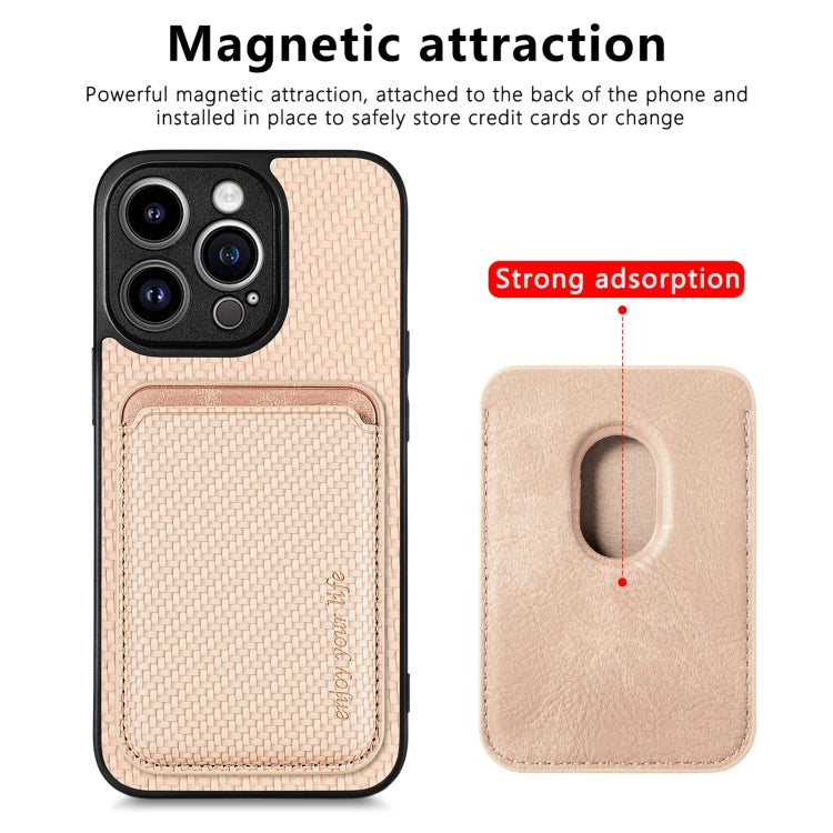 For iPhone 13 Pro Carbon Fiber Leather Card Magsafe Magnetic Phone Case(Khaki) by bashfashion