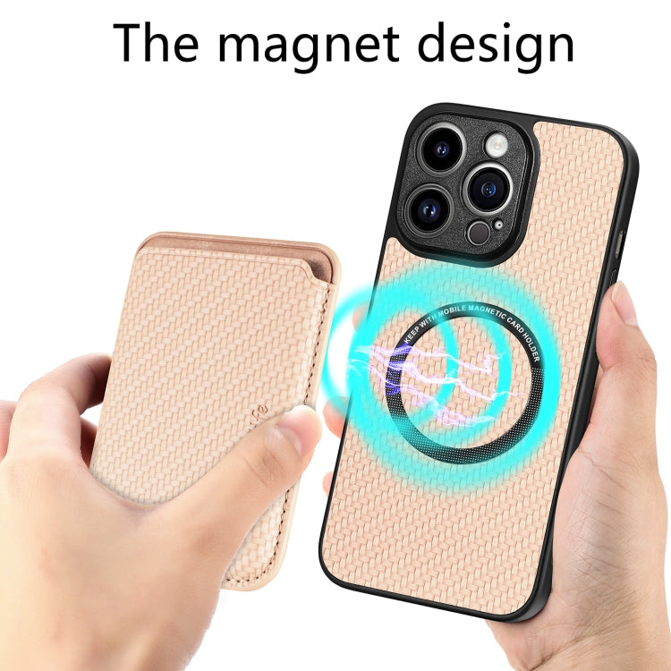For iPhone 13 Pro Carbon Fiber Leather Card Magsafe Magnetic Phone Case(Khaki) by bashfashion