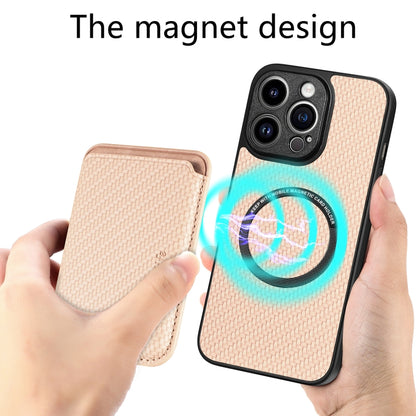 For iPhone 13 Pro Carbon Fiber Leather Card Magsafe Magnetic Phone Case(Khaki) by bashfashion
