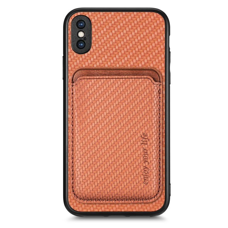 For iPhone X / XS Carbon Fiber Leather Card Magsafe Magnetic Phone Case(Brown) by bashfashion