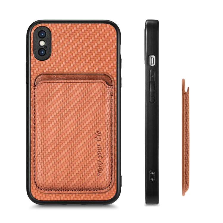 For iPhone X / XS Carbon Fiber Leather Card Magsafe Magnetic Phone Case(Brown) by bashfashion