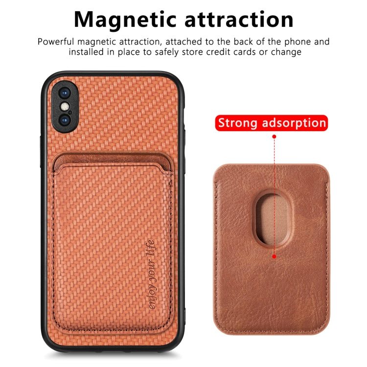 For iPhone X / XS Carbon Fiber Leather Card Magsafe Magnetic Phone Case(Brown) by bashfashion