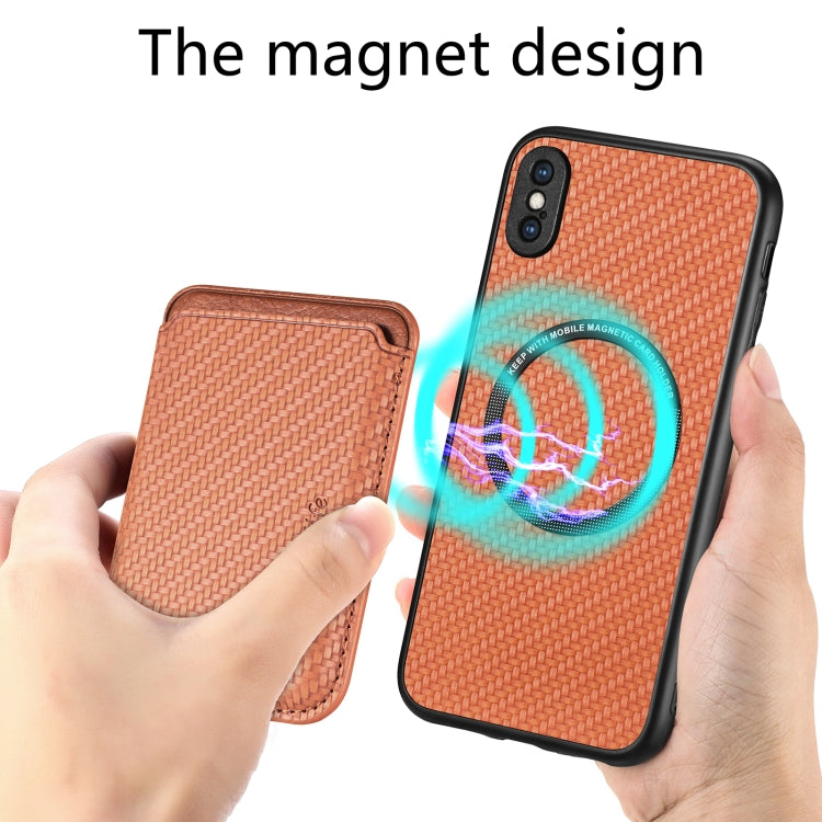 For iPhone X / XS Carbon Fiber Leather Card Magsafe Magnetic Phone Case(Brown) by bashfashion