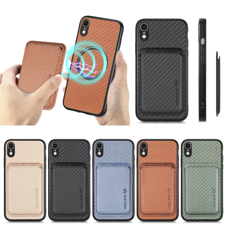 For iPhone XR Carbon Fiber Leather Card Magsafe Magnetic Phone Case(Khaki) by bashfashion