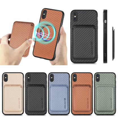 For iPhone XS Max Carbon Fiber Leather Card Magsafe Magnetic Phone Case(Black) by bashfashion