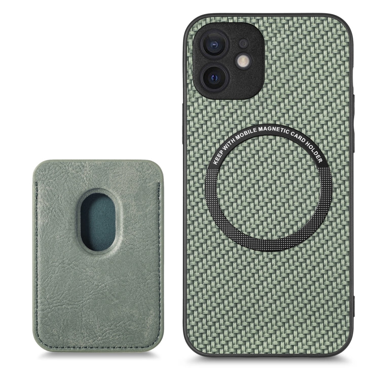 For iPhone 11 Pro Max Carbon Fiber Leather Card Magsafe Magnetic Phone Case(Green) by bashfashion