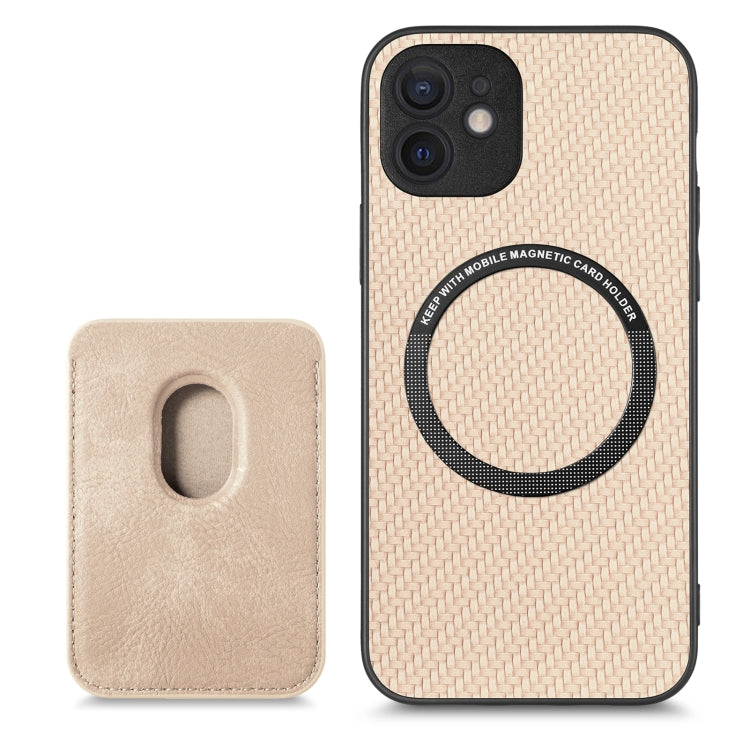 For iPhone 11 Pro Max Carbon Fiber Leather Card Magsafe Magnetic Phone Case(Khaki) by bashfashion
