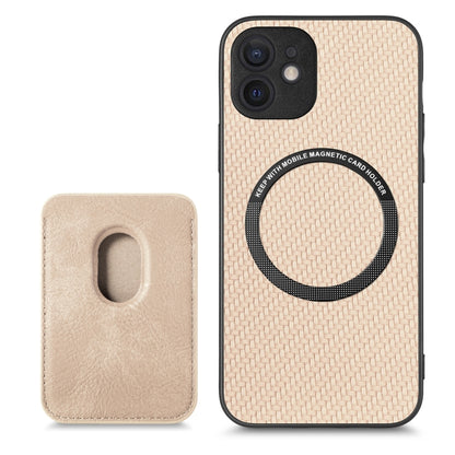 For iPhone 11 Pro Max Carbon Fiber Leather Card Magsafe Magnetic Phone Case(Khaki) by bashfashion