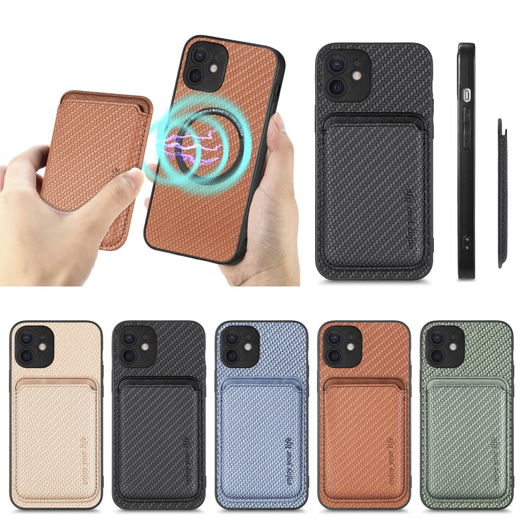 For iPhone 11 Pro Max Carbon Fiber Leather Card Magsafe Magnetic Phone Case(Khaki) by bashfashion