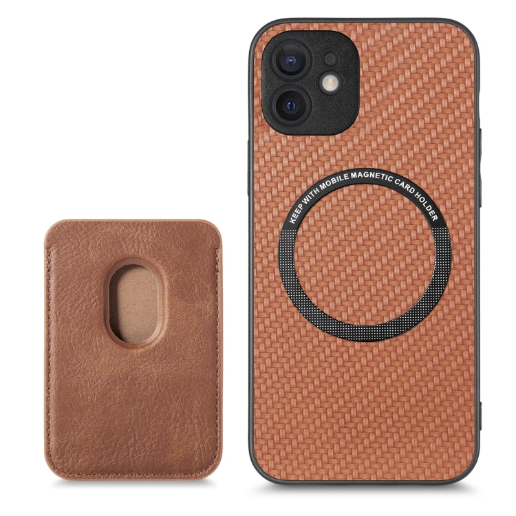 For iPhone 12 mini Carbon Fiber Leather Card Magsafe Magnetic Phone Case(Brown) by bashfashion
