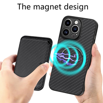 For iPhone 13 Pro Max Carbon Fiber Leather Card Magsafe Magnetic Phone Case(Black) by bashfashion